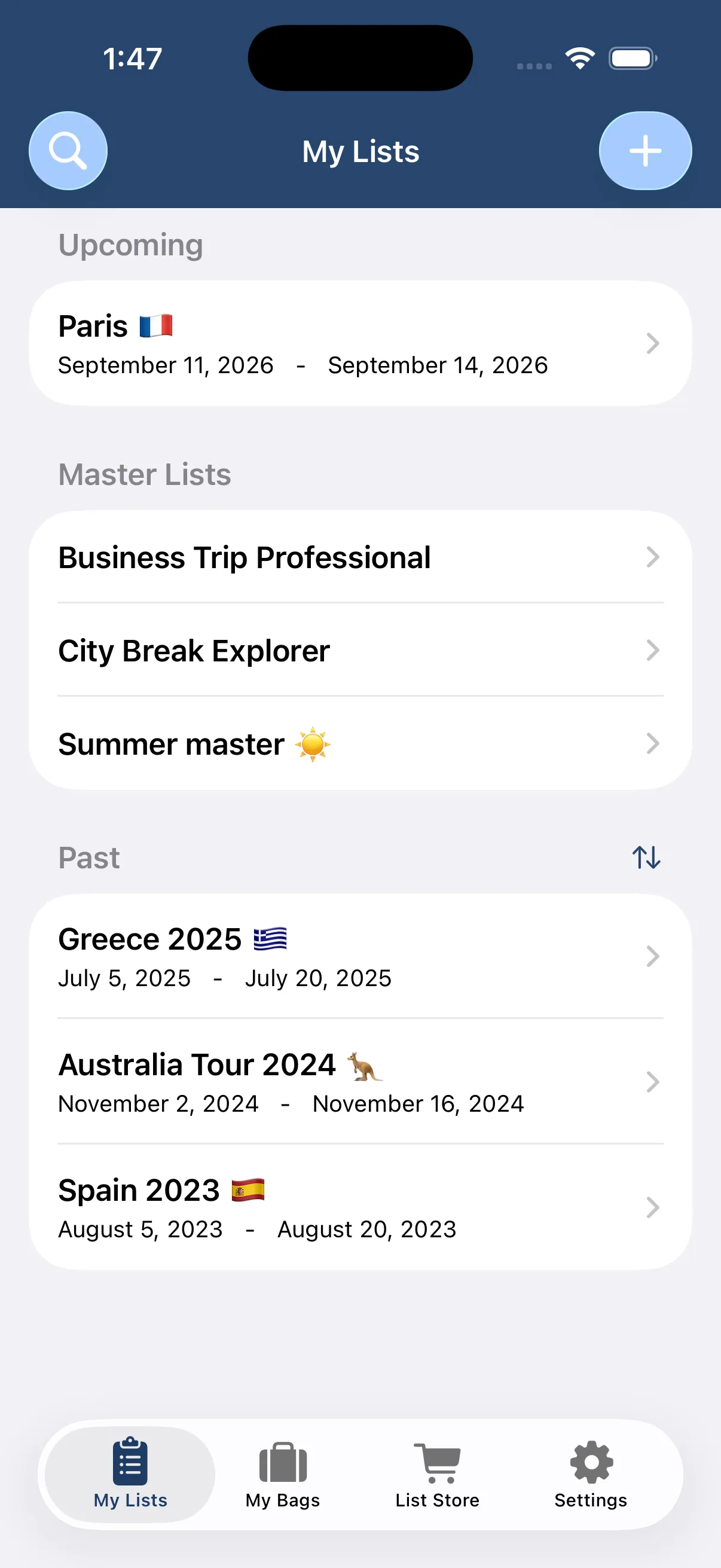 PackRight showing your packing lists — an upcoming trip, reusable master lists, and past trips